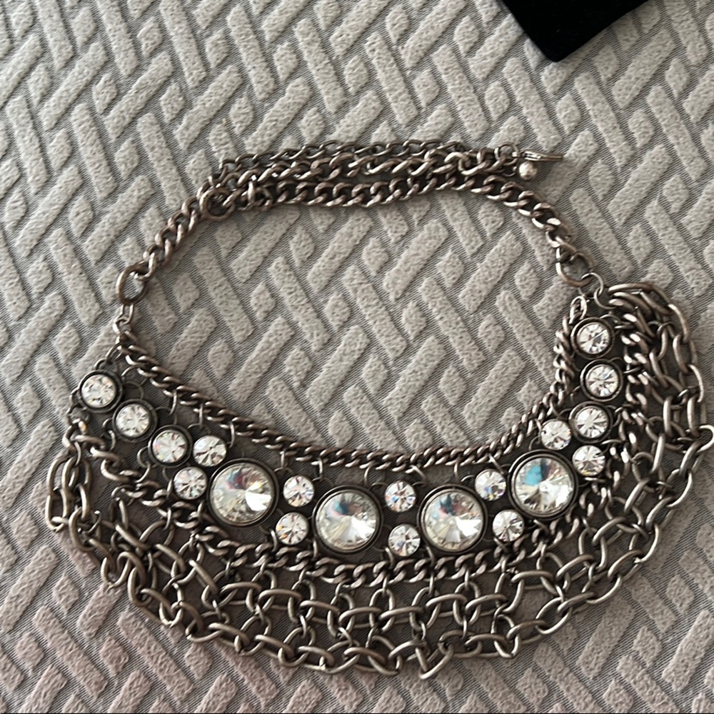 Vintage Silver Layered Necklace with Pearls and Crystals